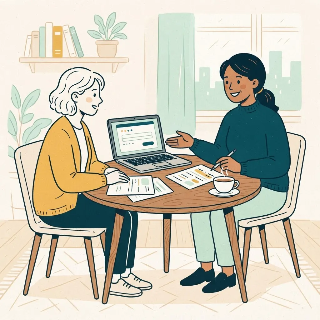 Advisor reviewing paperwork with a client over a cup of tea
