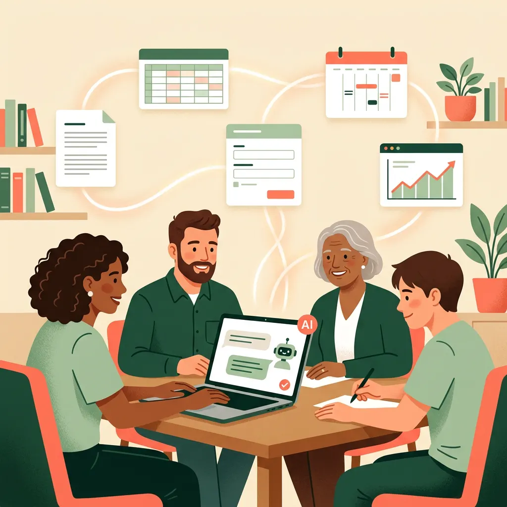 A small team around a laptop using an AI assistant, with documents, spreadsheets, forms, a calendar and a dashboard connected into one automated workflow
